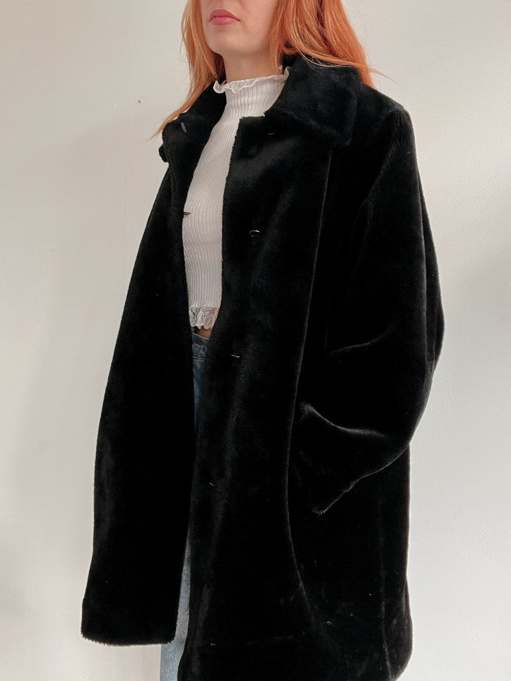 Vintage schwarzer Kunstpelzmantel M/L