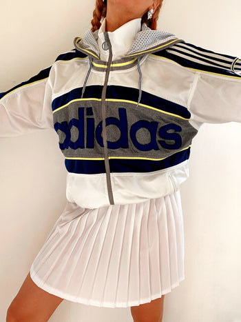 Jacket vintage à capuche bleue et blanche Adidas M