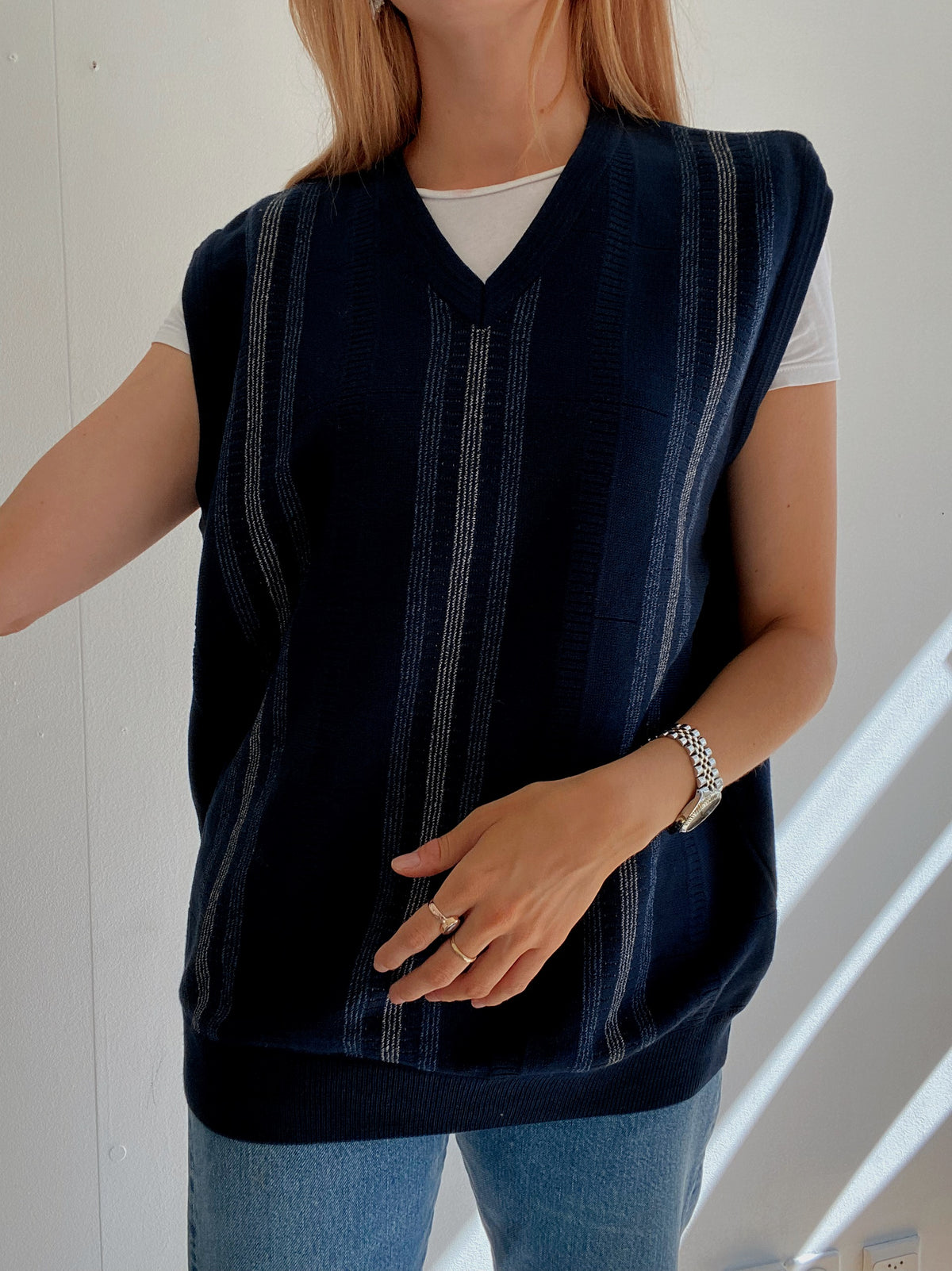 Gilet vintage sans manche en laine bleu foncé