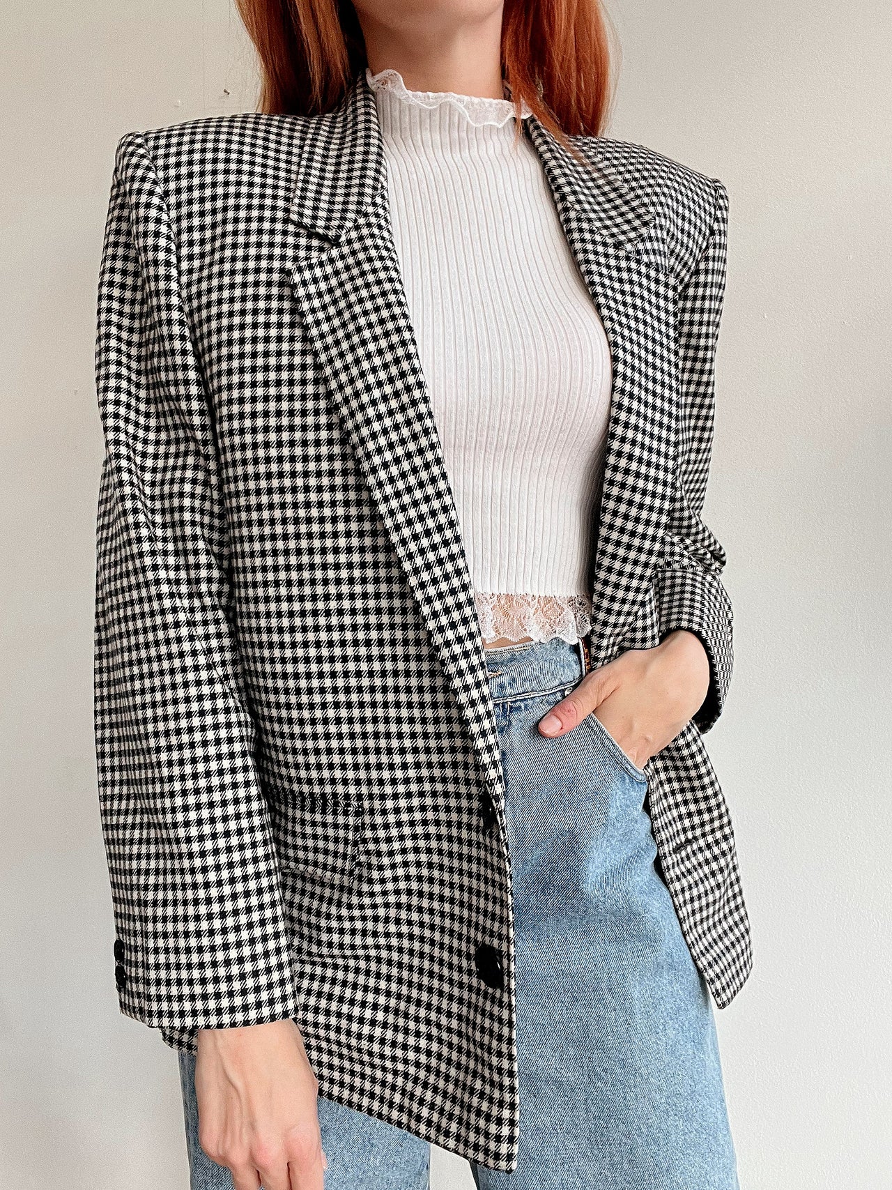 Dicker Vintage-Blazer mit Hahnentrittmuster, sehr dunkelblau, M/L