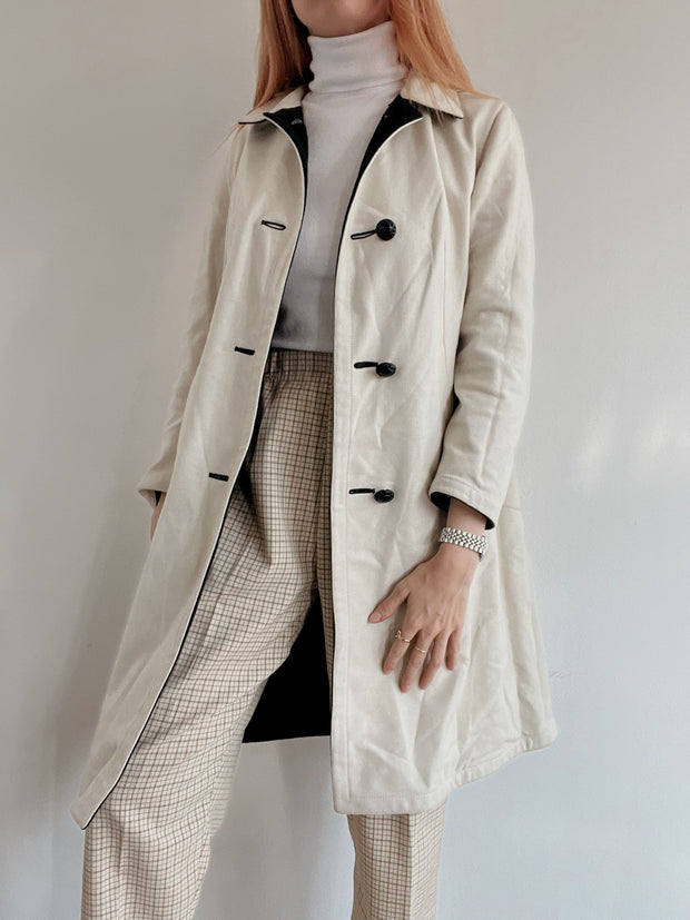Manteau en laine vintage blanc cassé et noir réversible S