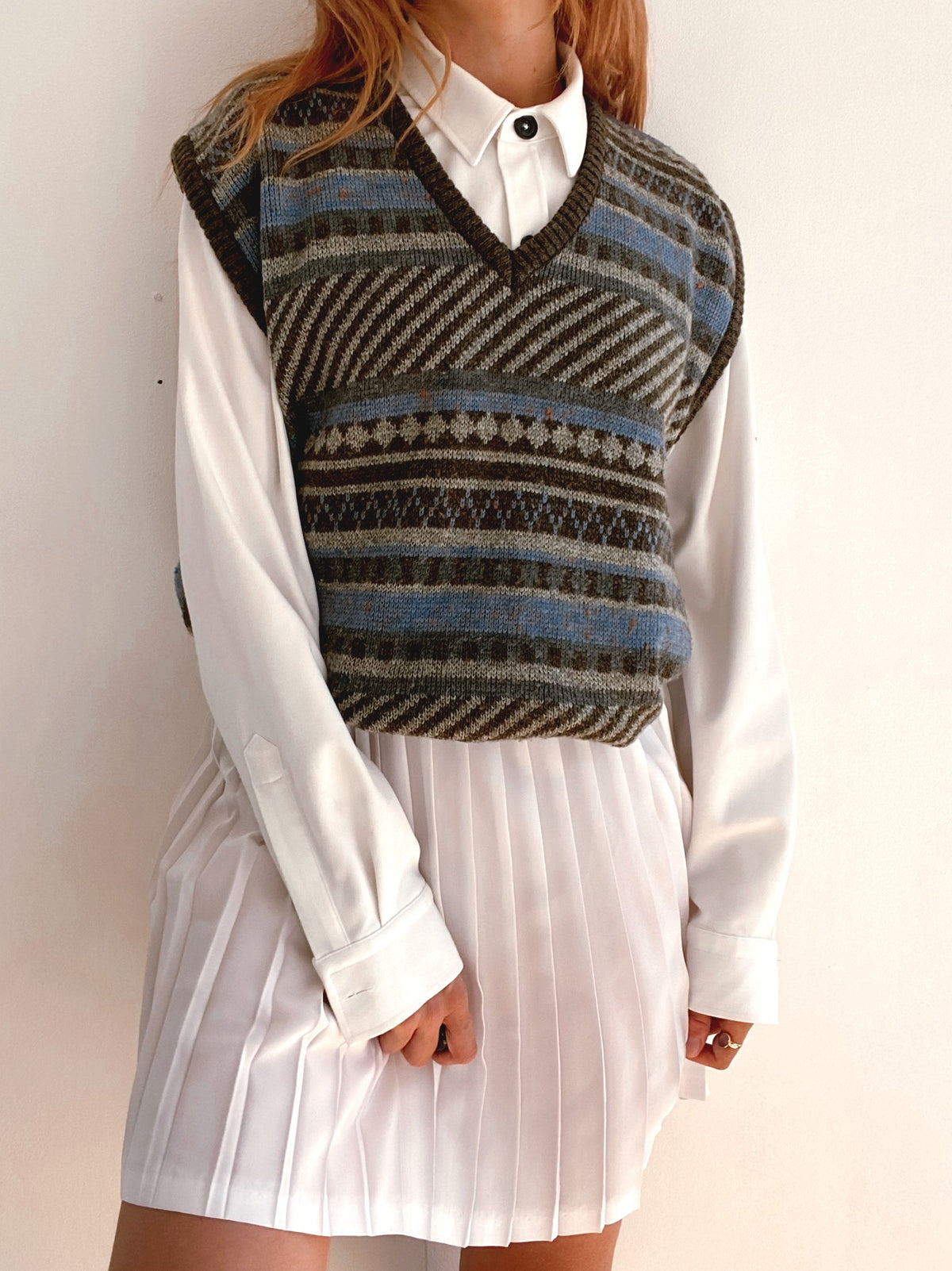 Gilet vintage sans manche en laine gris et bleu L