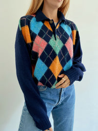 Pull vintage en laine bleu foncé et multicolore