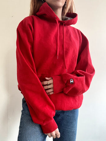 Pull vintage rouge à capuche Champion L