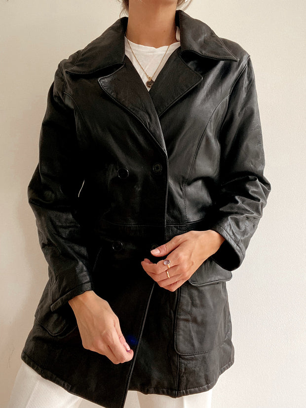 Manteau avec double boutonnage en cuir noir M/L