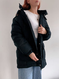 Vintage schwarze Daunenjacke mit Kapuze L 