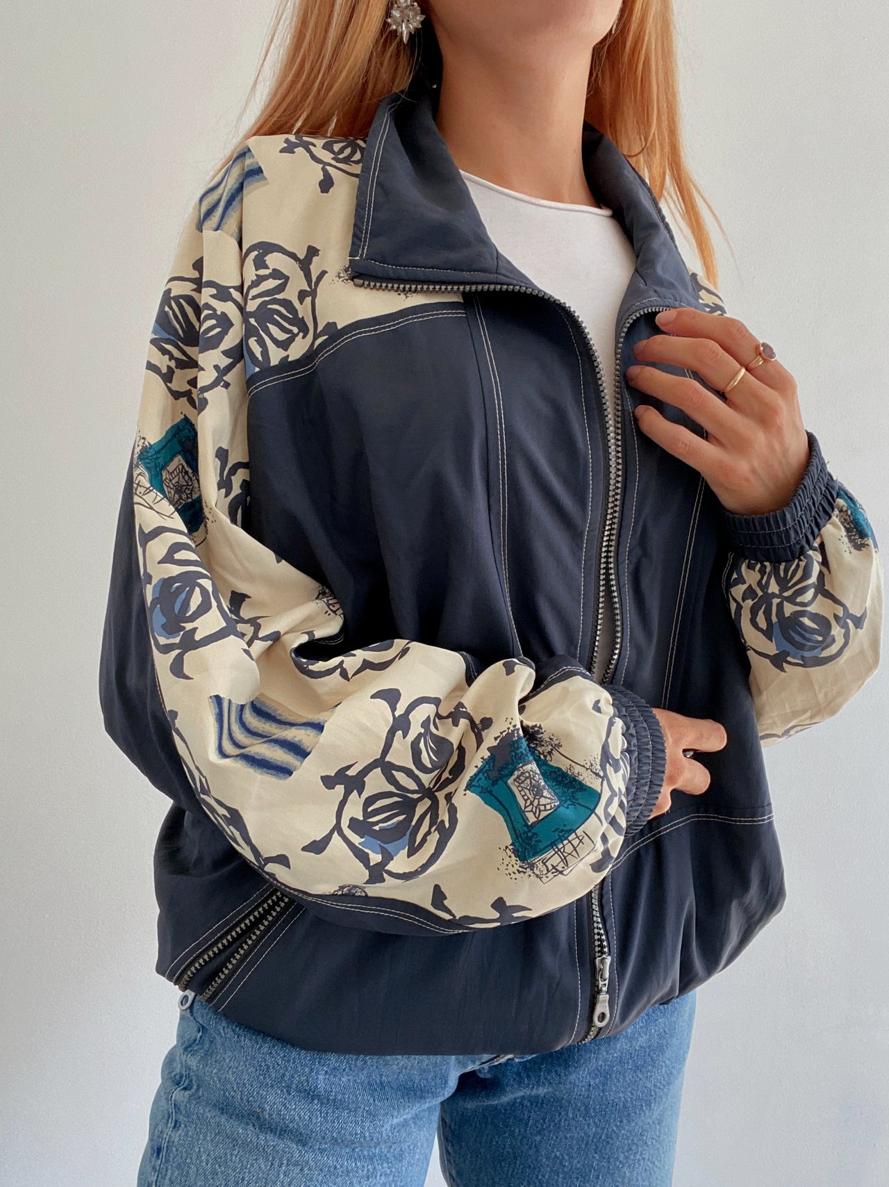 Veste vintage bleu foncée et beige à motifs L/XL