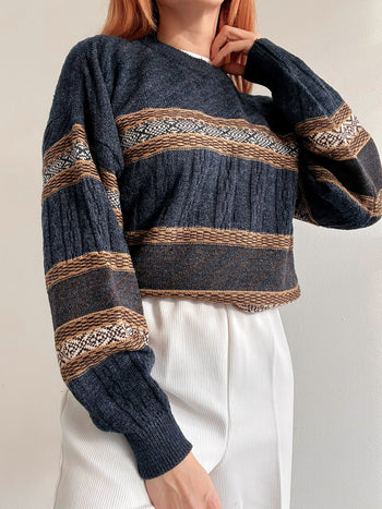 Pull vintage en laine gris et beige  M