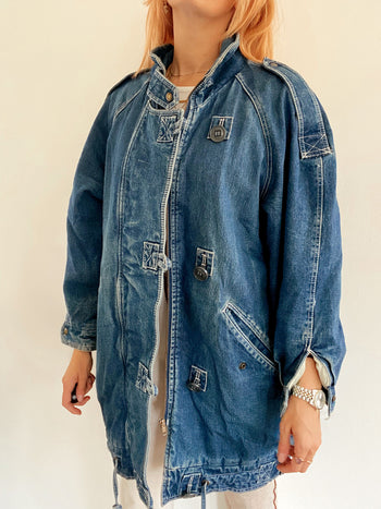 Veste en jeans vintage mi-longue oversized intérieur mouton M