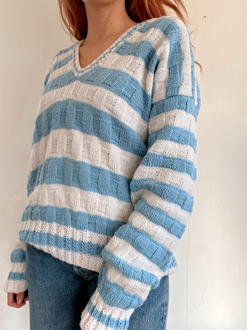 Pull vintage en maille bleu clair et blanc M/L