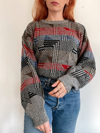 Pull vintage en laine gris, rouge , bleu L