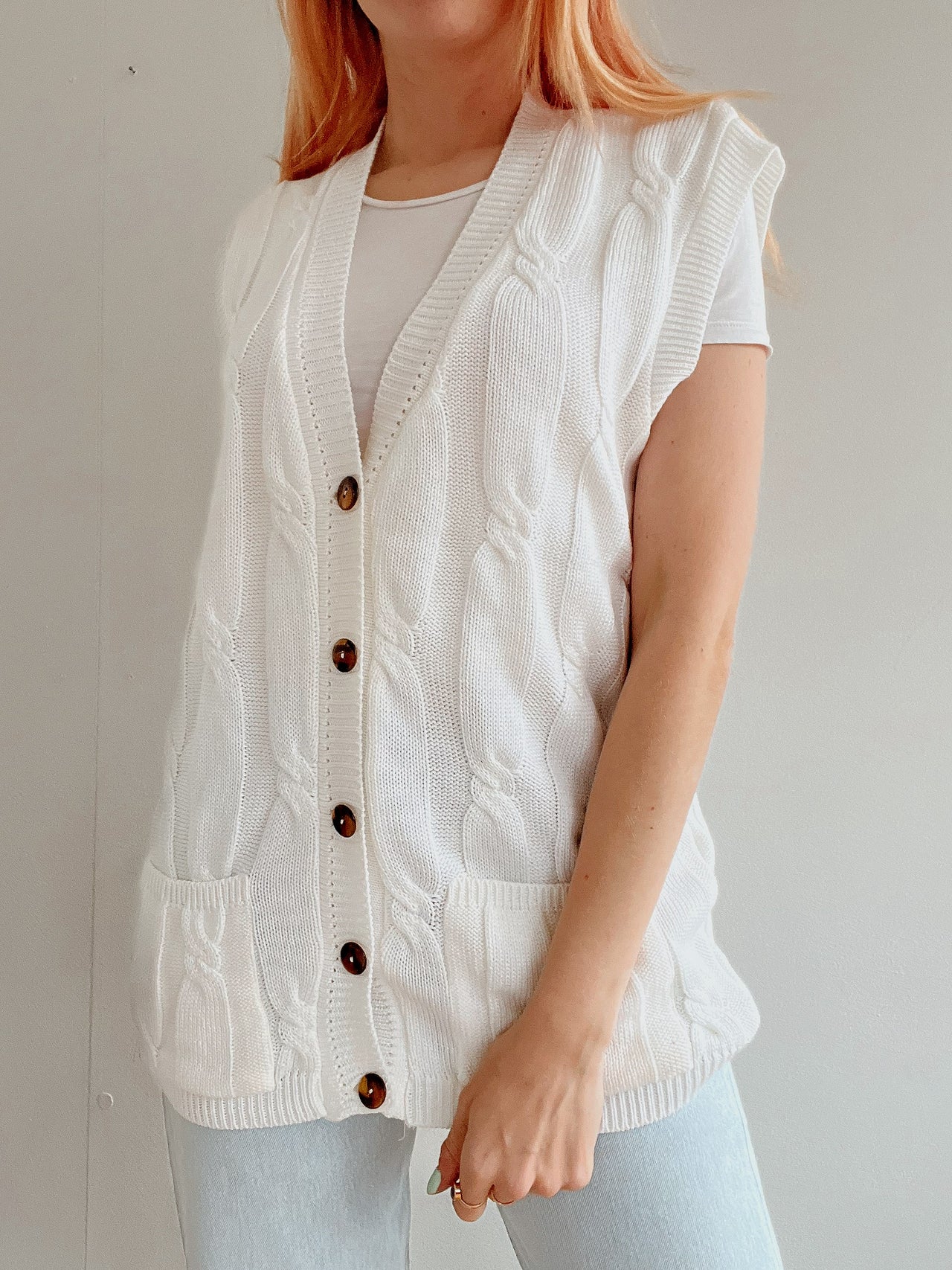 Gilet vintage sans manche en maille blanc L