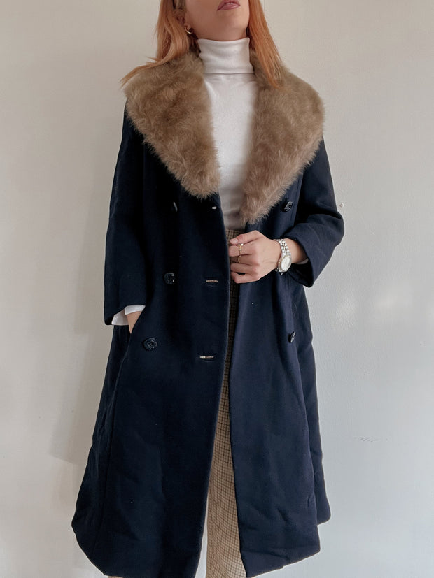 Manteau en laine vintage bleu foncé col fourrure M