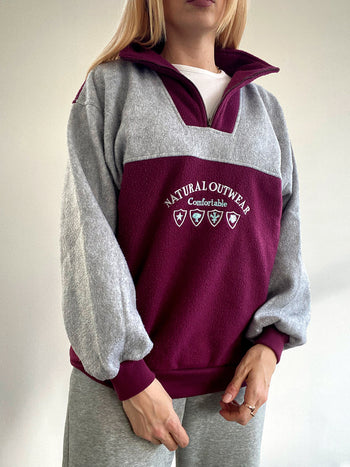 Pull polaire vintage gris et bordeaux M