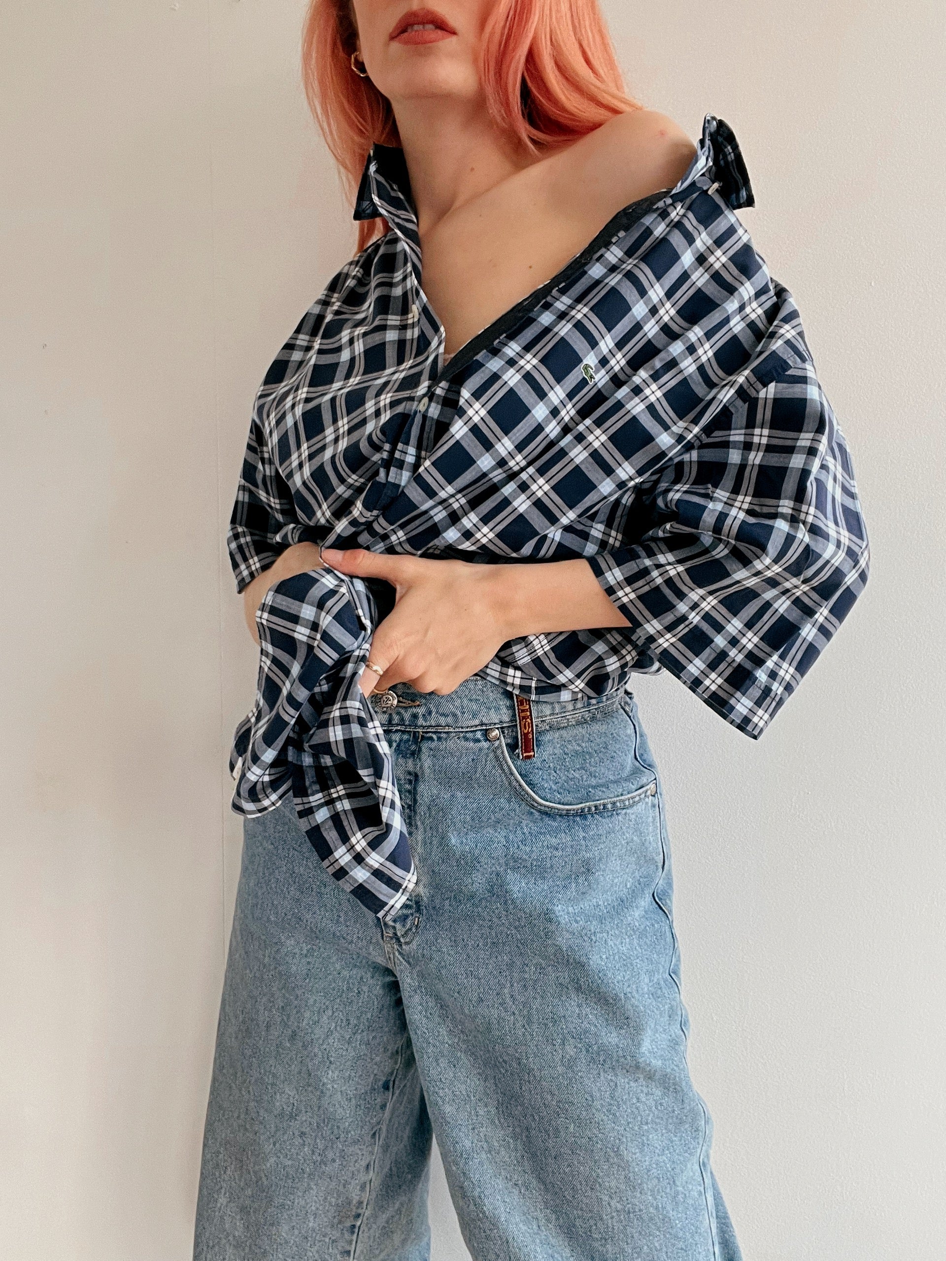 Vintage Lacoste dunkelblau kariertes Hemd L 