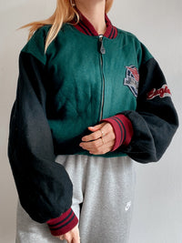 Bomber vintage en laine vert foncé et noir