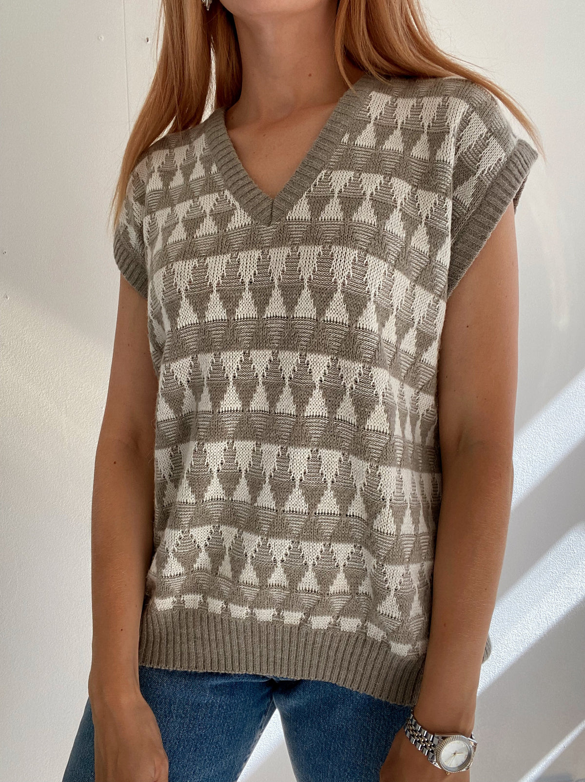 Gilet vintage sans manche en laine beige L