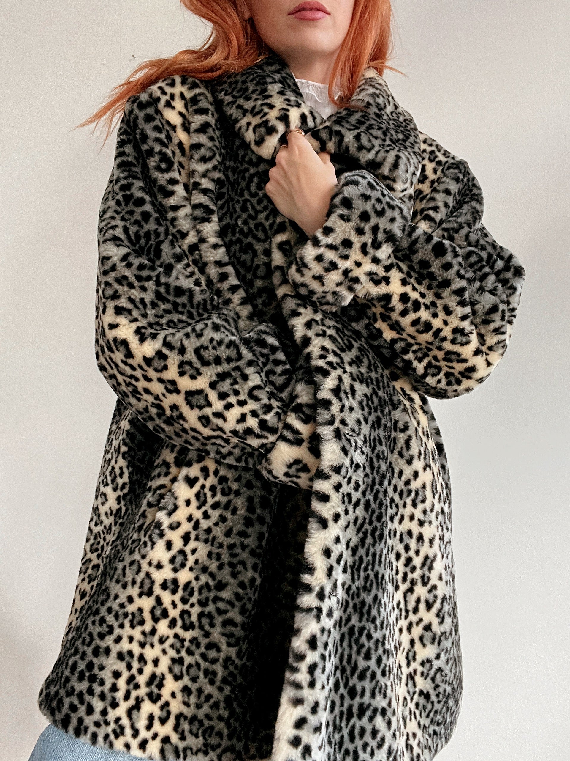Vintage beige Leoparden-Kunstpelzmantel M/L