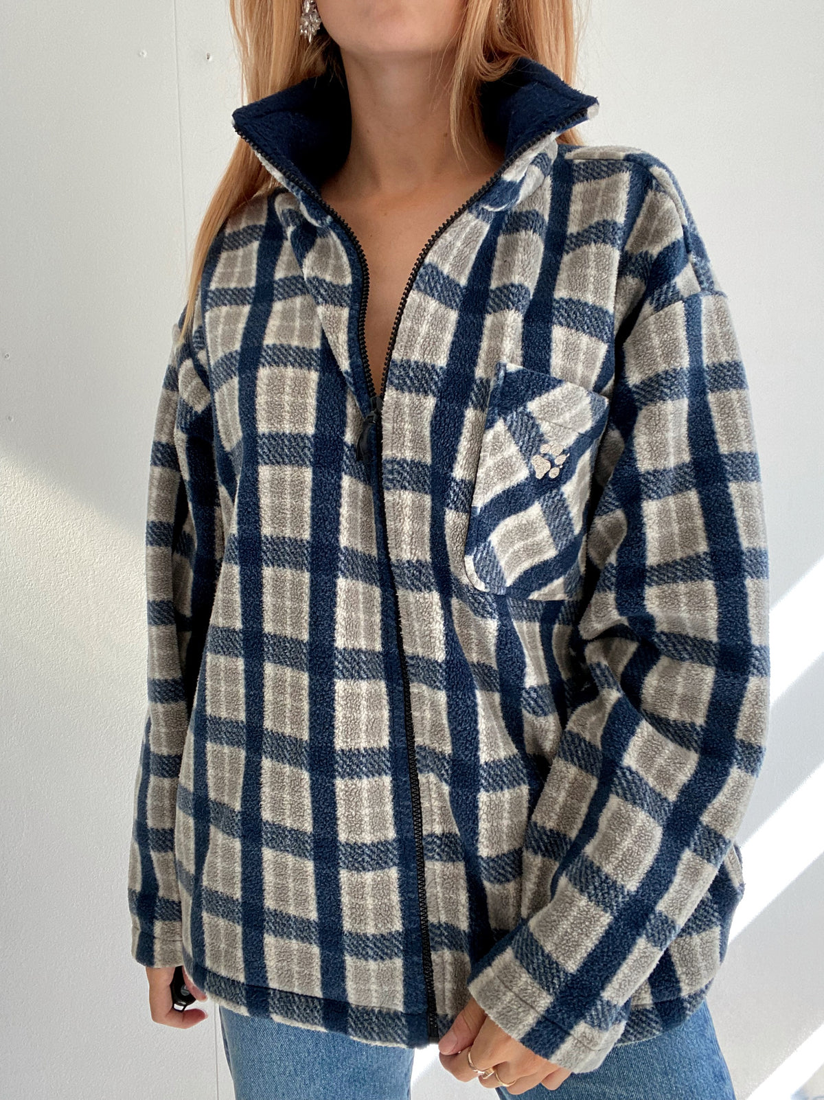Jacket polaire vintage bleue à carreaux gris  XL