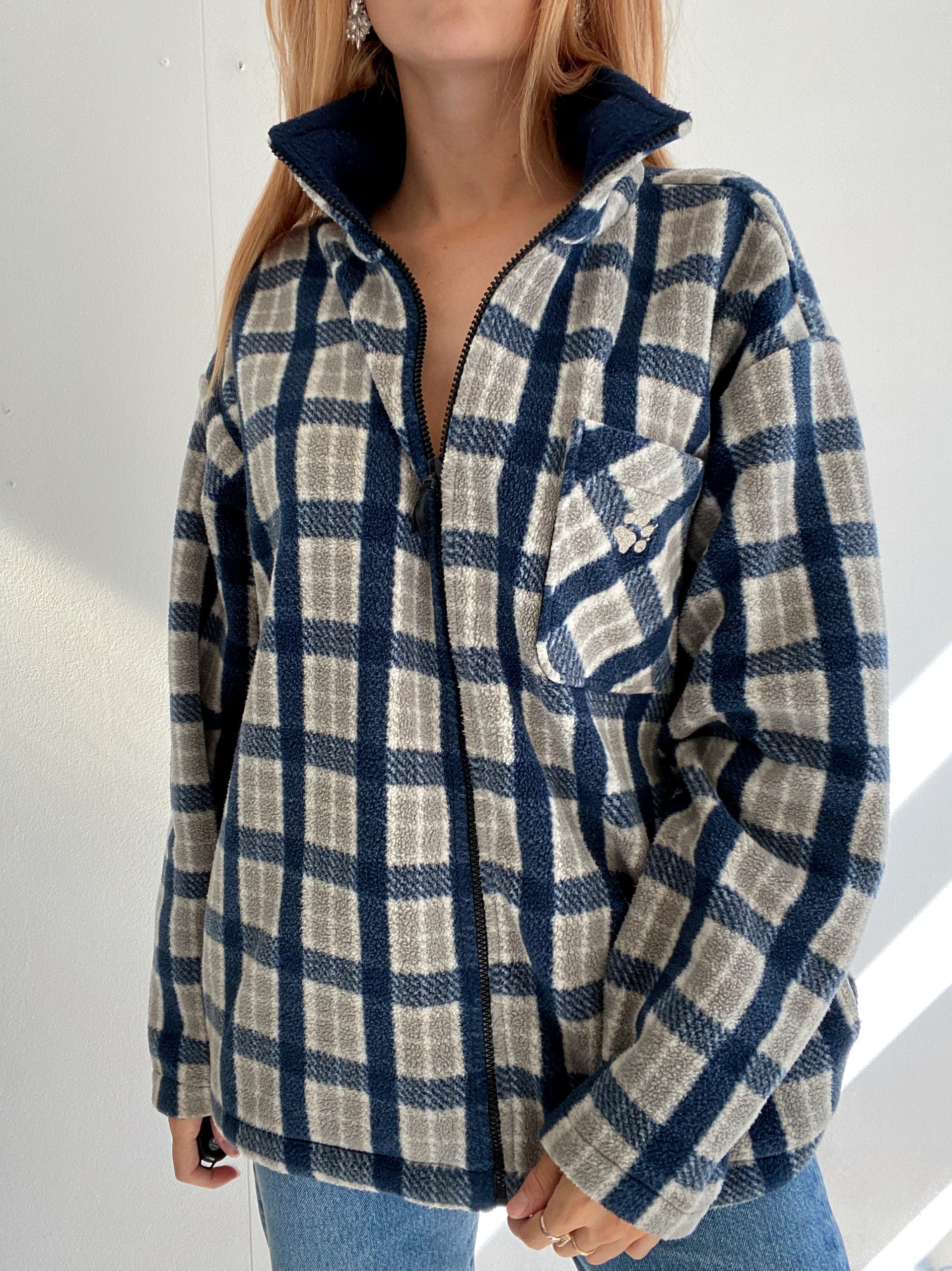 Jacket polaire vintage bleue à carreaux gris  XL
