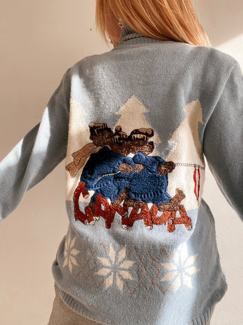 Pull vintage de Noël brodé bleu ciel L