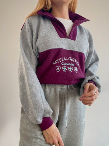 Pull polaire vintage gris et bordeaux M