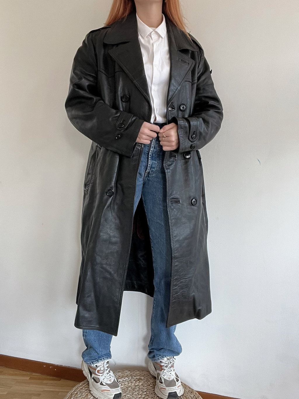 Vintage schwarzer Leder-Trenchcoat L