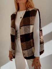 Black V-neck wool cardigan with pink/yellow pattern