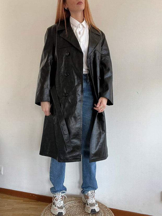 Vintage schwarzer Leder-Trenchcoat M/L