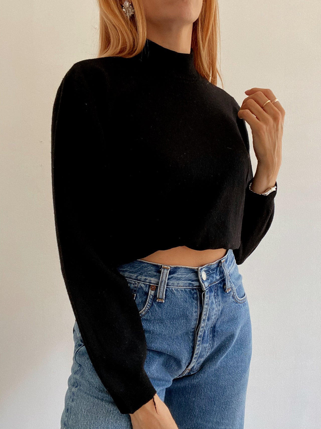 Pull vintage col roulé en laine noir XL