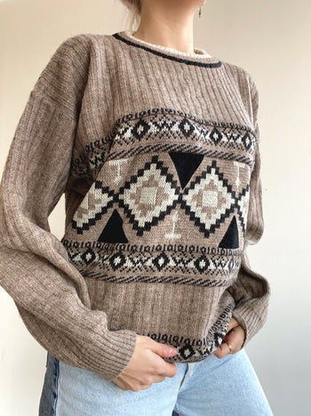 Pull vintage en laine beige à motifs