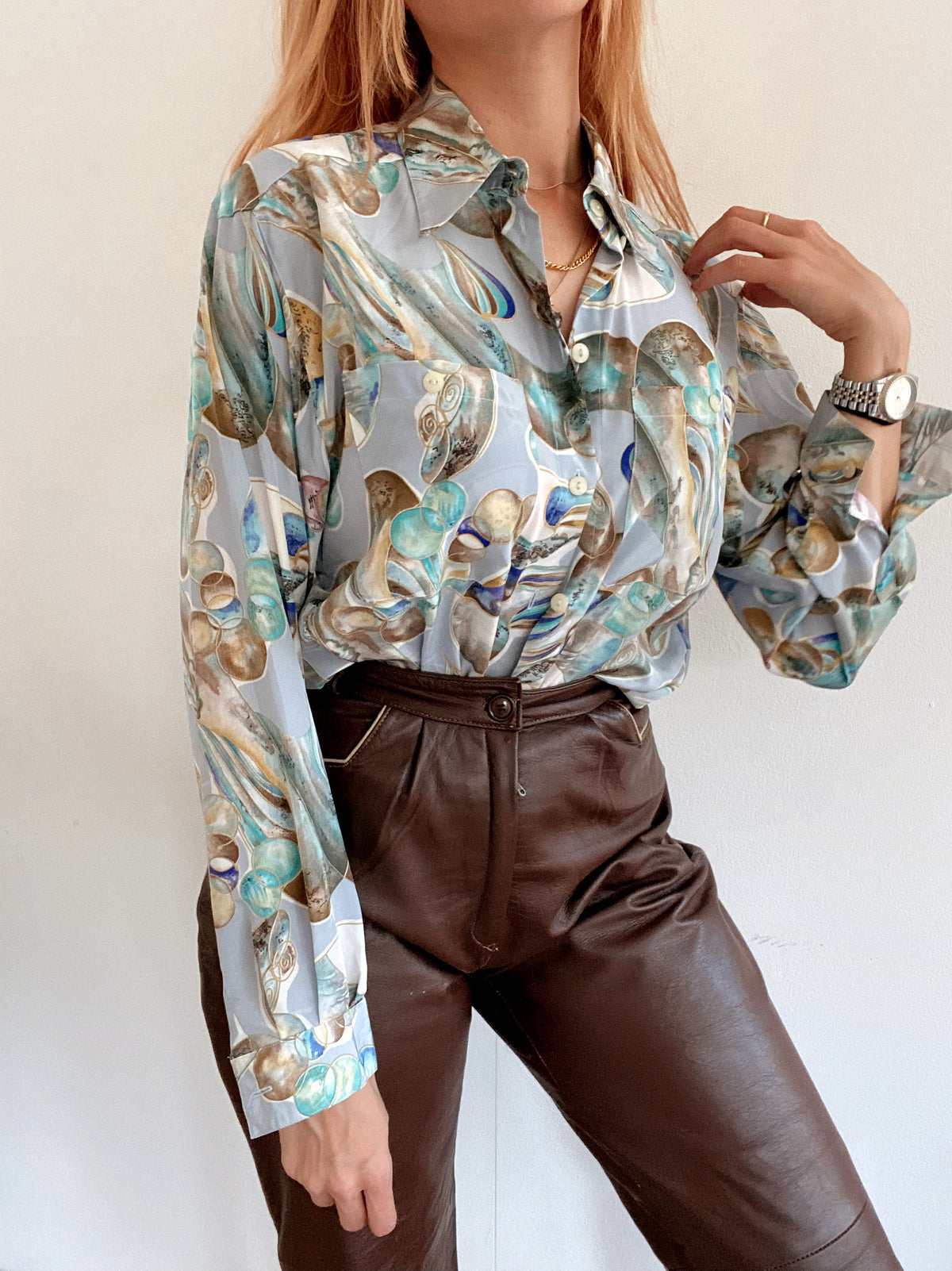 Chemise Vintage 80/90s à motifs beige et bleue S