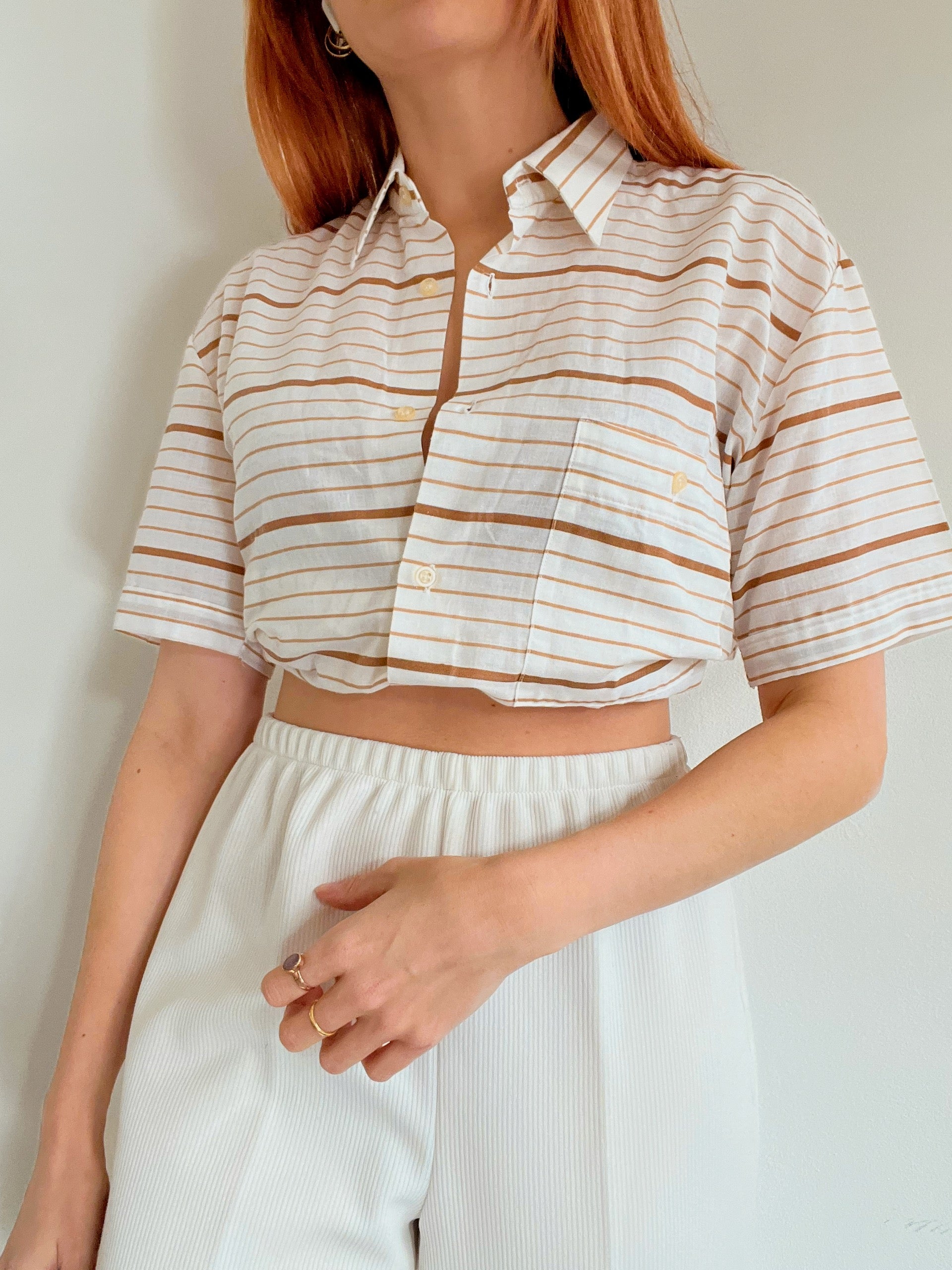 Chemise vintage beige et blanche rayée M