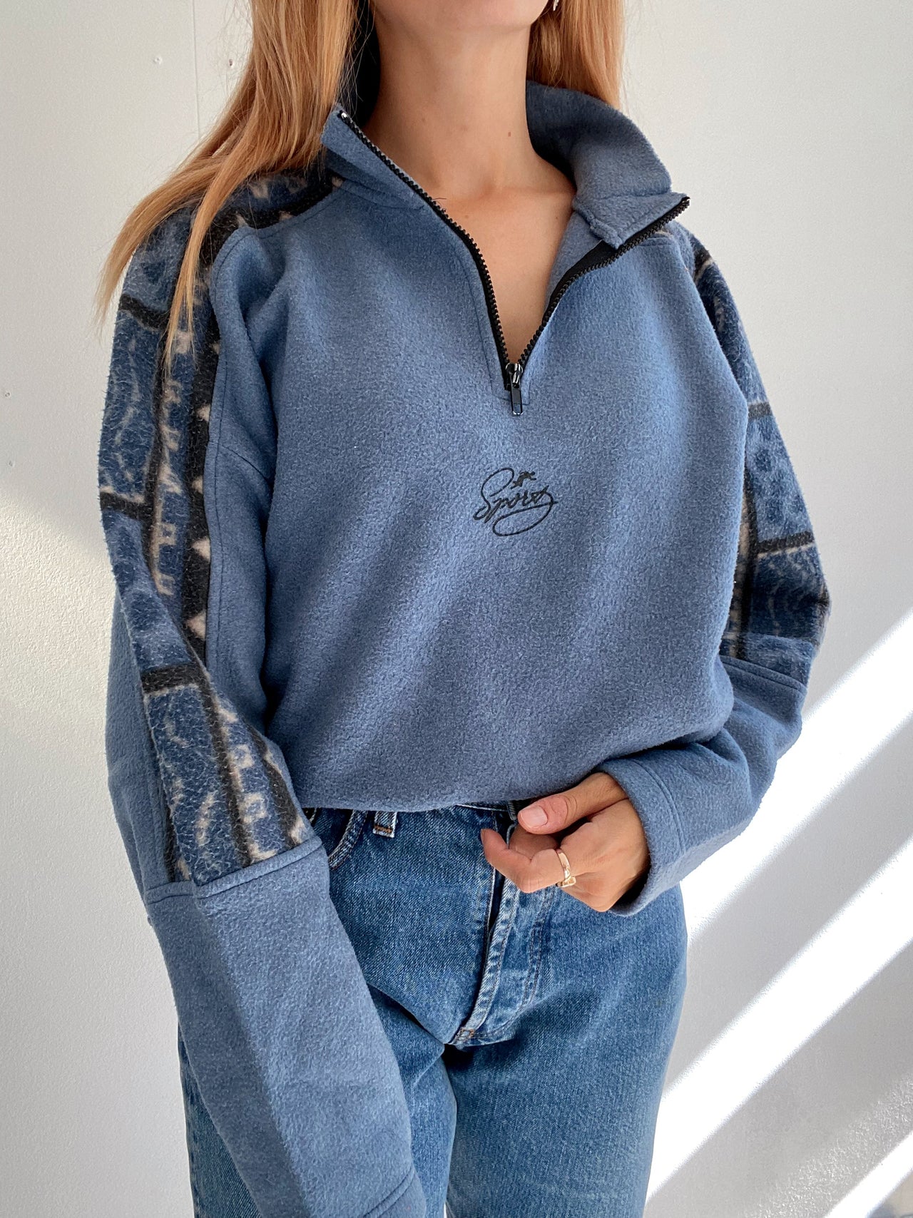 Vintage Fleecepullover blau grau XL