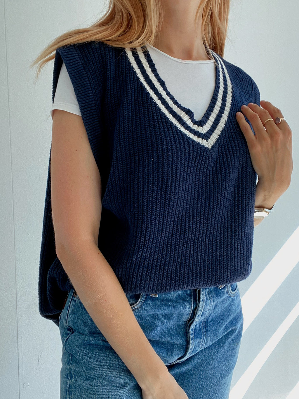 Gilet vintage sans manche en laine bleu foncé xL