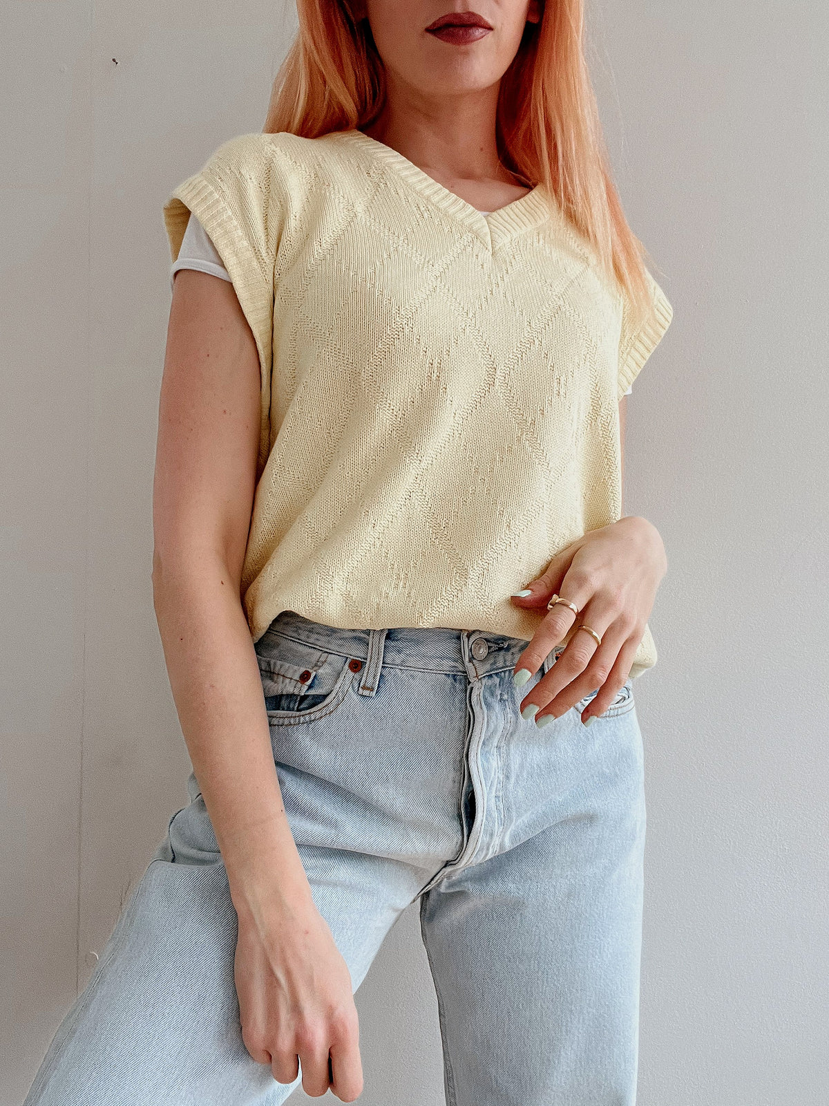 Gilet vintage sans manche en maille jaune clair M