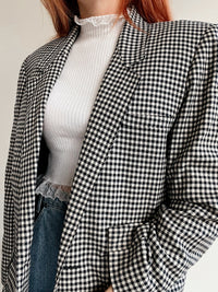 Dicker Vintage-Blazer mit Hahnentrittmuster, sehr dunkelblau, M/L