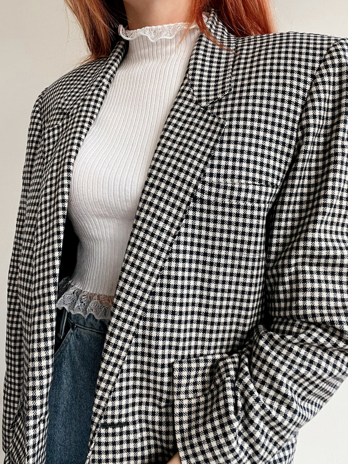 Dicker Vintage-Blazer mit Hahnentrittmuster, sehr dunkelblau, M/L
