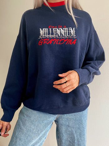 Pull vintage USA bleu marine et rouge brodé L