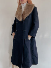 Manteau en laine vintage bleu foncé col fourrure M