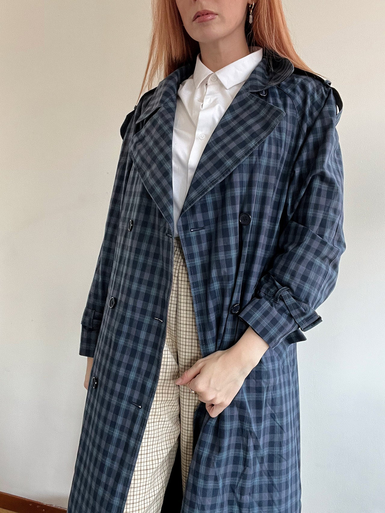 Trench coat vintage bleu foncé à carreaux M