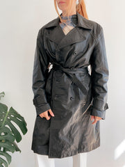 Mittellanger Trenchcoat aus schwarzem Leder, zweireihig, L