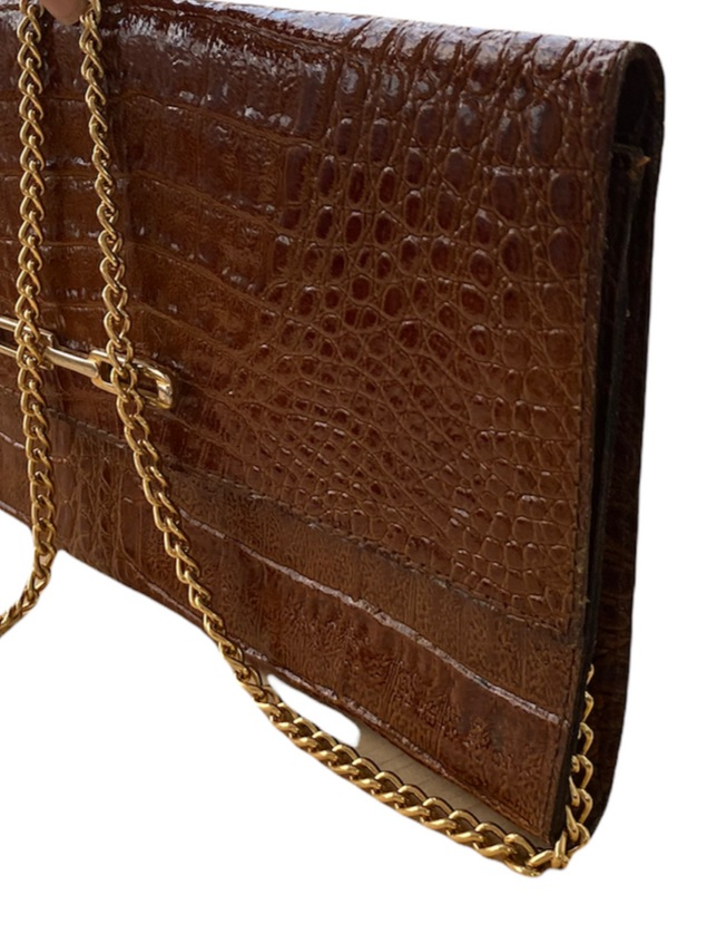 Pochette avec bandoulière brun serpent et doré