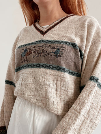 Pull vintage en laine beige à motifs M/L