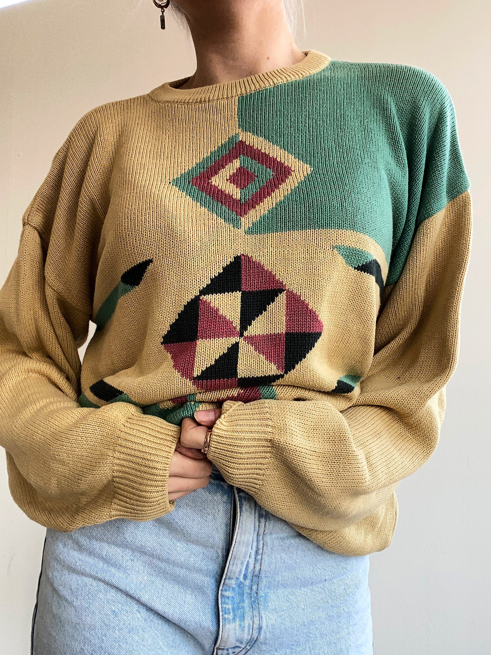 Vintage gelber und grüner Strickpullover