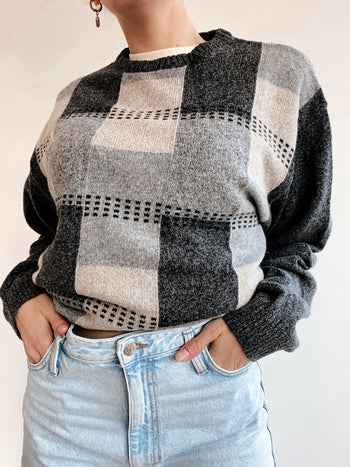 Blue knit turtleneck sweater with beige patterns M