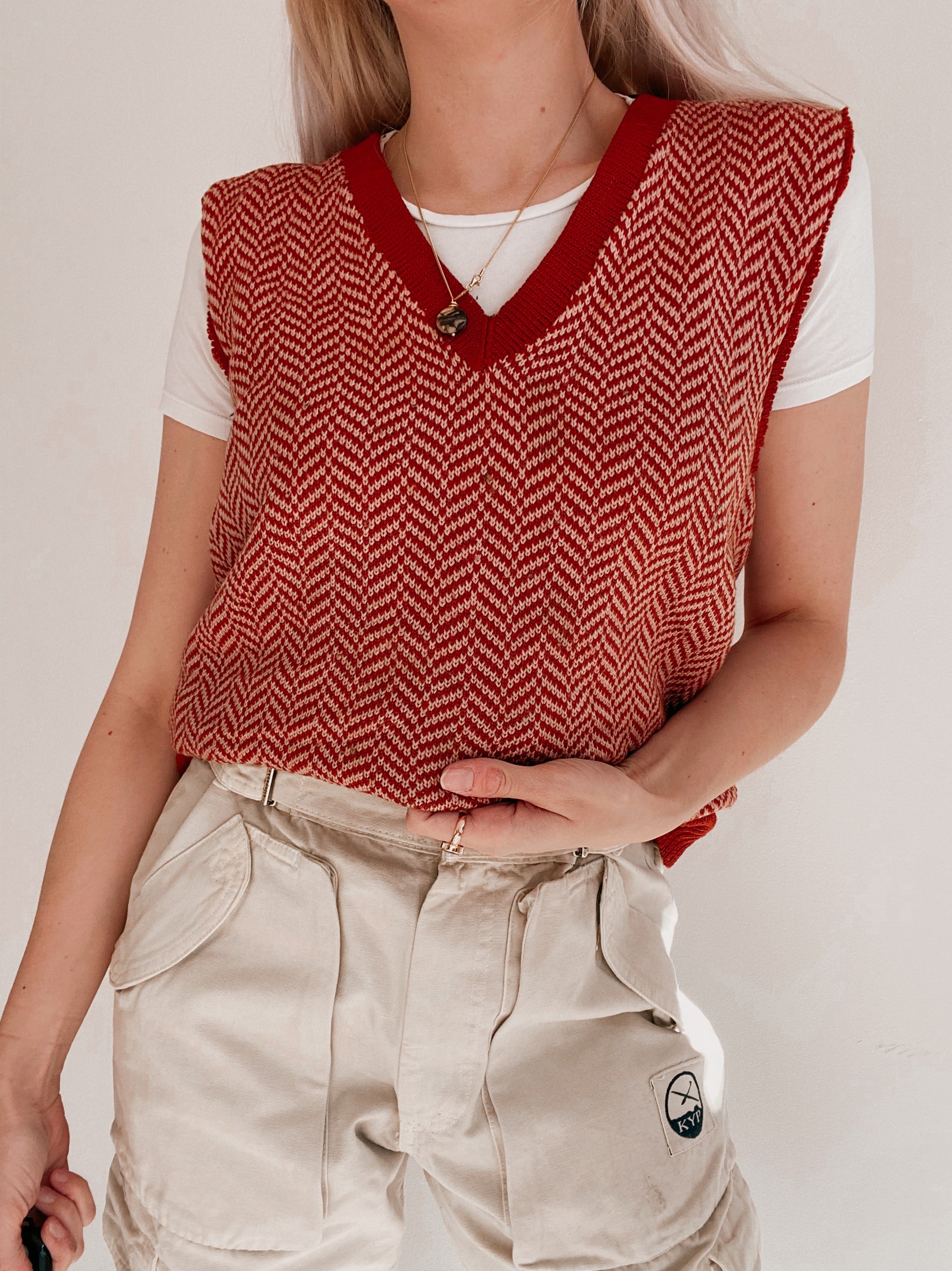 Gilet en laine rouge et rose M