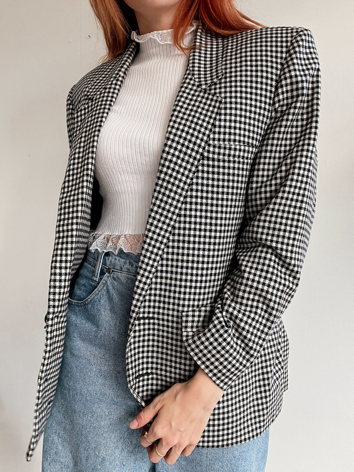 Veste blazer épaisse vintage pied de poule bleu très foncé M/L