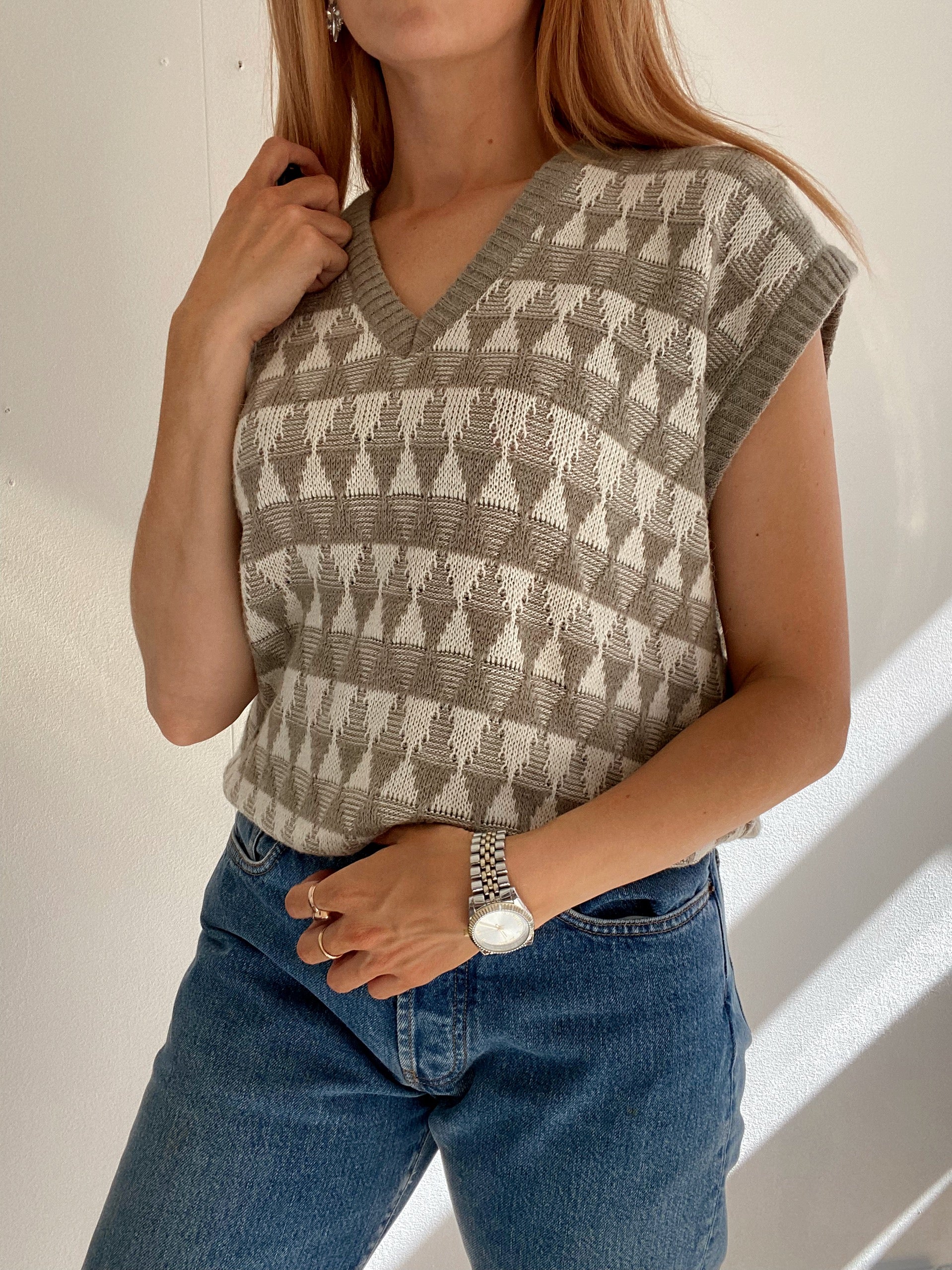 Gilet vintage sans manche en laine beige L