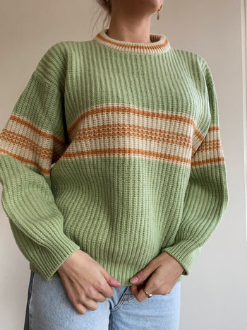 Pull vintage en maille vert et orange